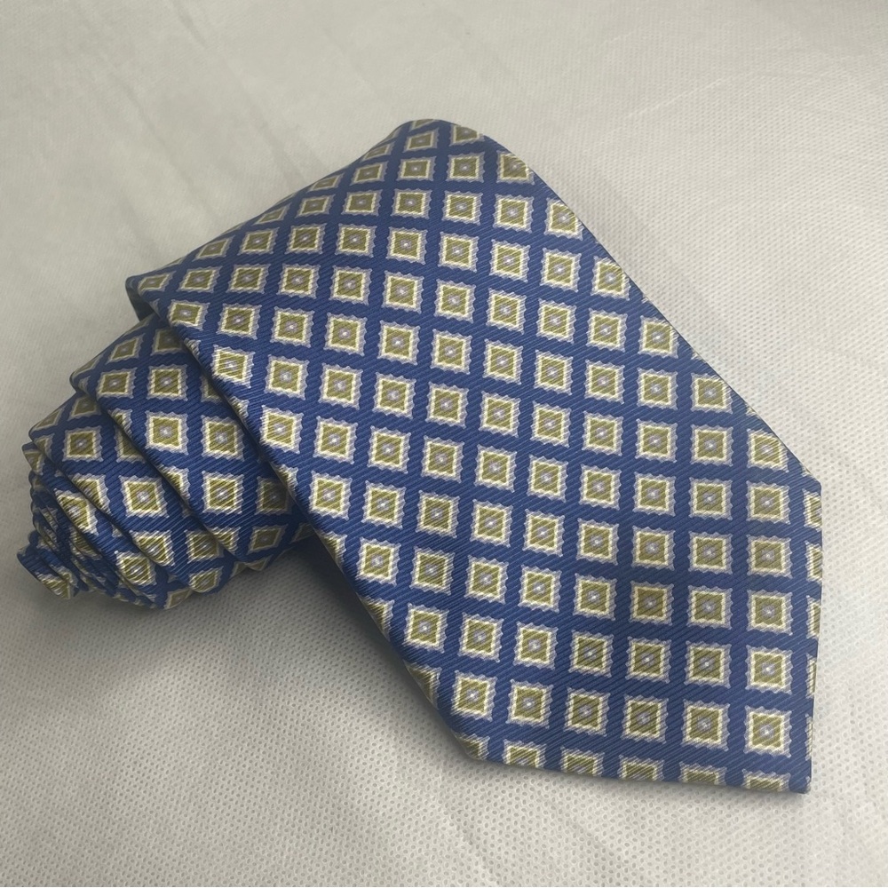 Brooks Brothers Makers Pure Silk Textured Tie Preppy Squares Blue Olive Necktie